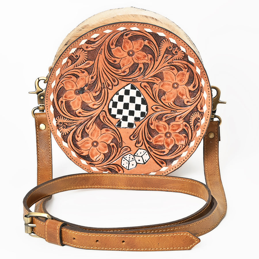 OHLAY Hand-Tooled Canteen Bag Checkered Spade Dice Motif Hair-on Cowhide Siding
