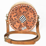 OHLAY Hand-Tooled Canteen Bag Checkered Spade Dice Motif Hair-on Cowhide Siding