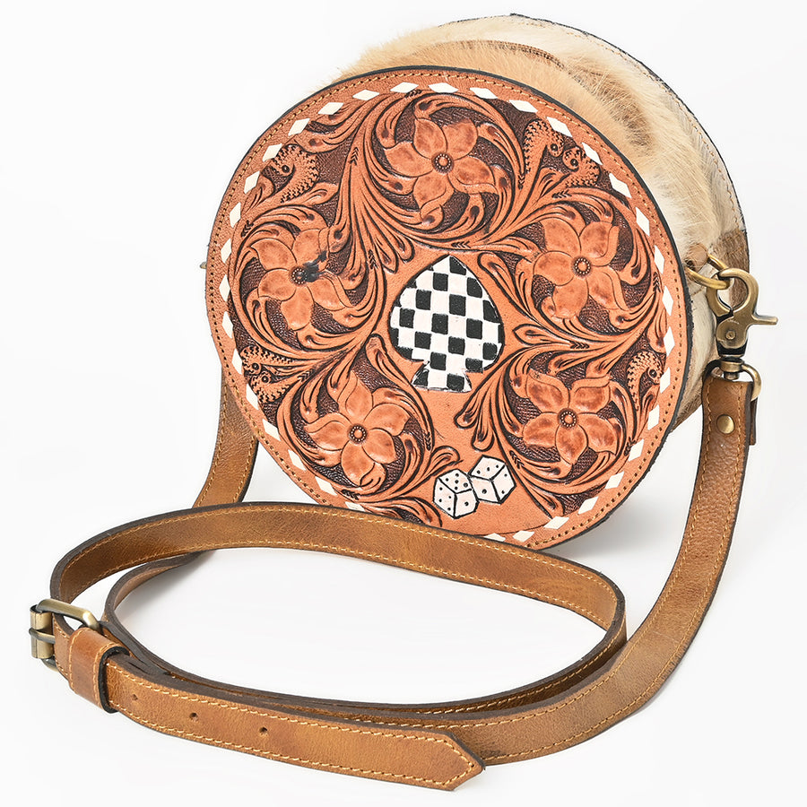 OHLAY Hand-Tooled Canteen Bag Checkered Spade Dice Motif Hair-on Cowhide Siding - Uhorse