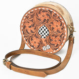 OHLAY Hand-Tooled Canteen Bag Checkered Spade Dice Motif Hair-on Cowhide Siding