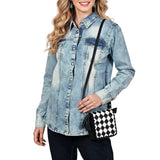 OHLAY Mini Checkered Leather Crossbody Bag Black & White Graphic Fringe Accent