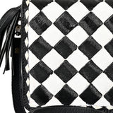 OHLAY Mini Checkered Leather Crossbody Bag Black & White Graphic Fringe Accent