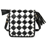 OHLAY Mini Checkered Leather Crossbody Bag Black & White Graphic Fringe Accent