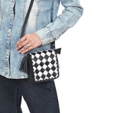 OHLAY Mini Checkered Leather Crossbody Bag Black & White Graphic Fringe Accent