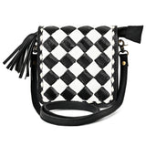 OHLAY Mini Checkered Leather Crossbody Bag Black & White Graphic Fringe Accent