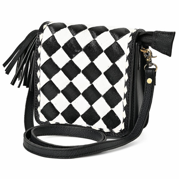 OHLAY Mini Checkered Leather Crossbody Bag Black and White Graphic Fringe Accent - Uhorse