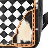 OHLAY Cowhide Sling Bag Black White Checkered Panel Top Grain Leather Backpack