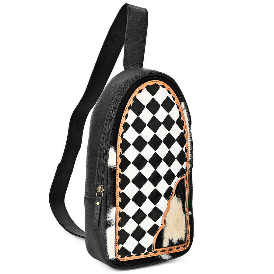 OHLAY Cowhide Sling Bag Black White Checkered Panel Top Grain Leather Backpack