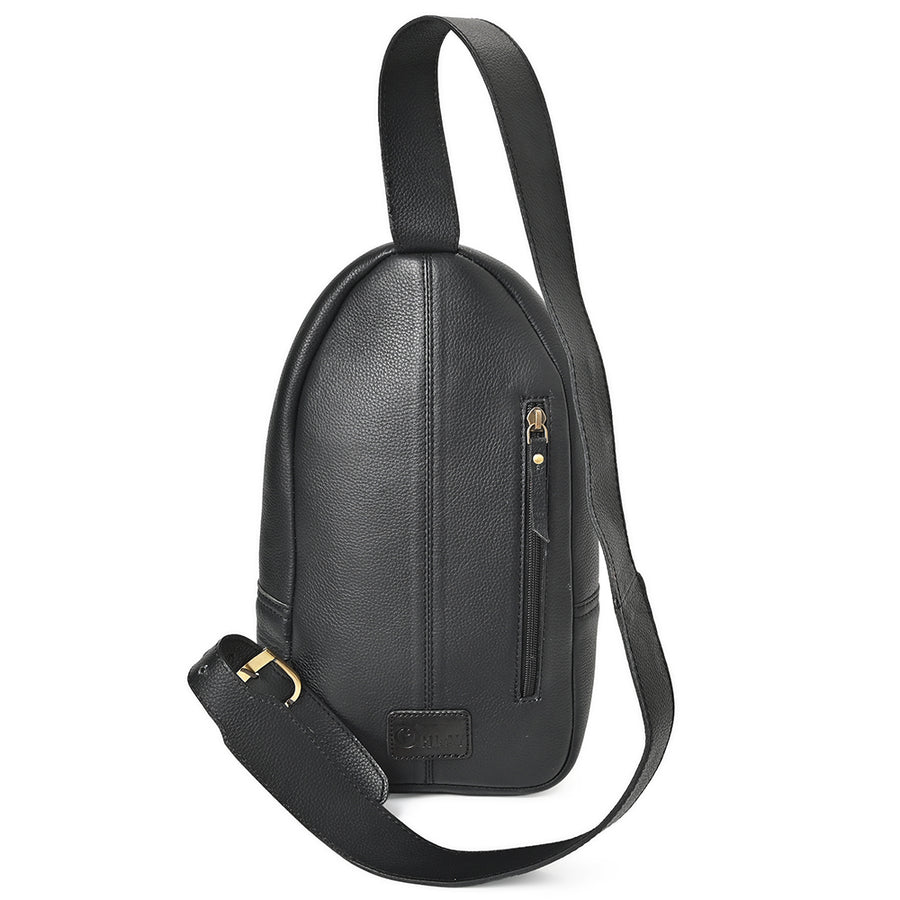 OHLAY Cowhide Sling Bag Black White Checkered Panel Top Grain Leather Backpack