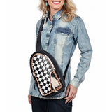 OHLAY Cowhide Sling Bag Black White Checkered Panel Top Grain Leather Backpack