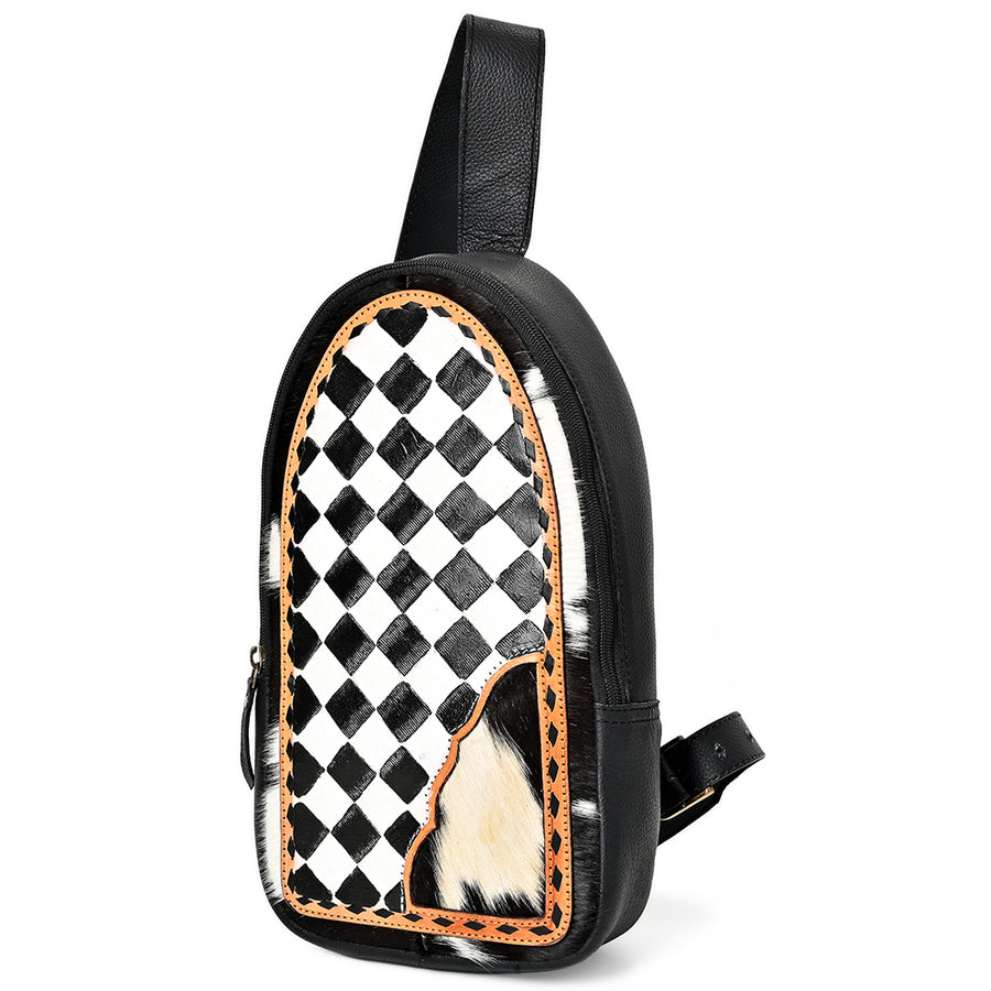 OHLAY Cowhide Sling Bag Black White Checkered Panel Top Grain Leather Backpack - Uhorse