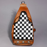 American Darling Chestnut Sling Bag Black White Checkered Panel Crossbody Style