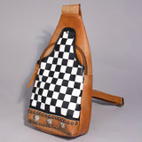 American Darling Chestnut Sling Bag Black White Checkered Panel Crossbody Style