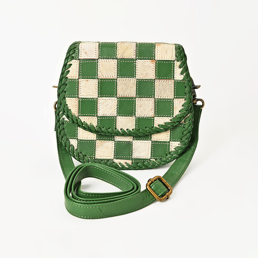 American Darling Checkered Flap Bag Mini Crossbody Style Braided Trim & Leather