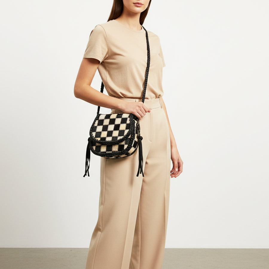 American Darling Checkered Flap Bag Mini Crossbody Style Braided Trim & Leather