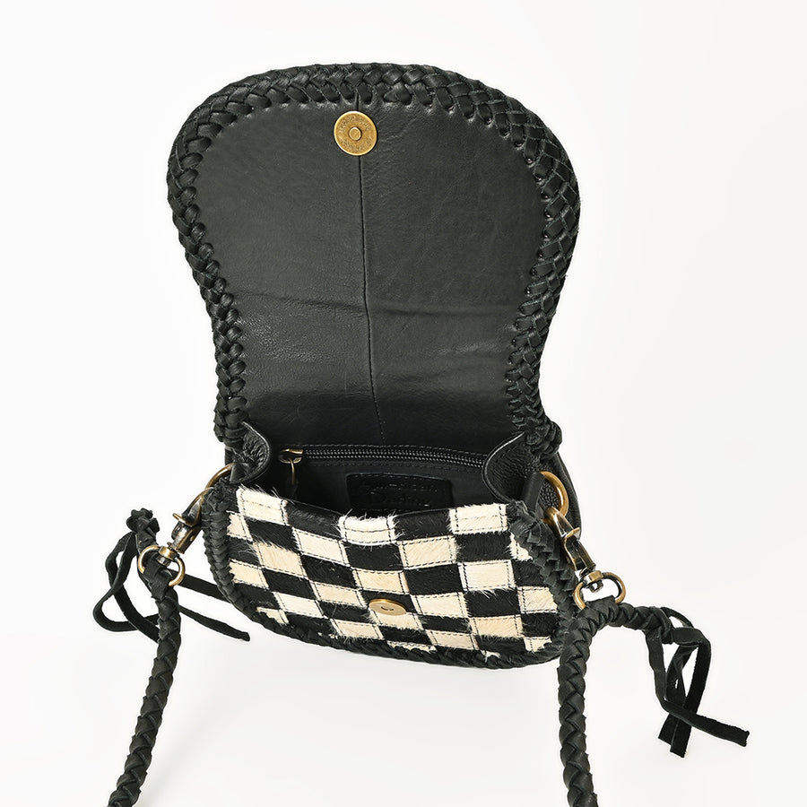 American Darling Checkered Flap Bag Mini Crossbody Style Braided Trim & Leather