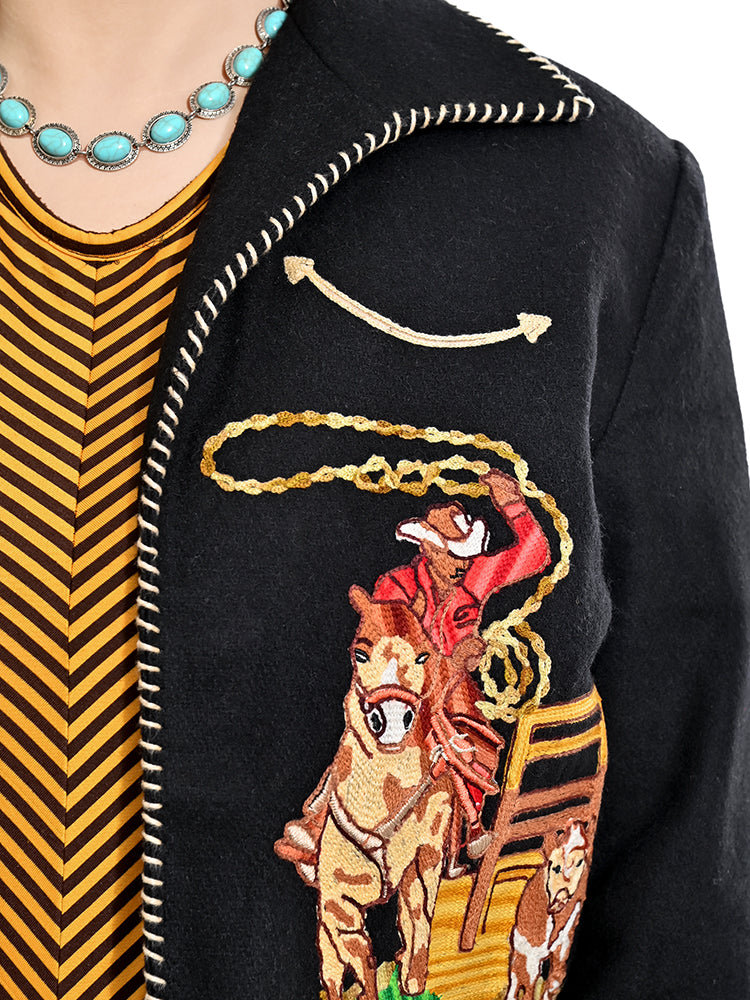 American Darling Women’s Western Rodeo Blazer - Vintage Style Embroidered Cowboy Jacket with Horse & Lasso Motif