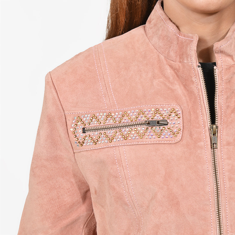 American Darling Women’s Suede Jacket Blazer Zip Front Studded Embellished Casual Western Style Coat
