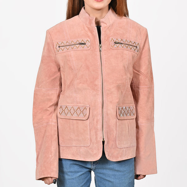 American Darling Women's Suede Jacket Blazer Zip Front Studded Embellished Casual Western Style Coat - Uhorse
