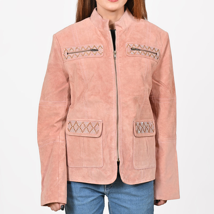 American Darling Women's Suede Jacket Blazer Zip Front Studded Embellished Casual Western Style Coat - Uhorse