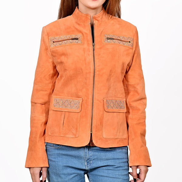 American Darling Women's Suede Jacket Blazer Zip Front Studded Embellished Western Style Casual Coat Orange - Uhorse