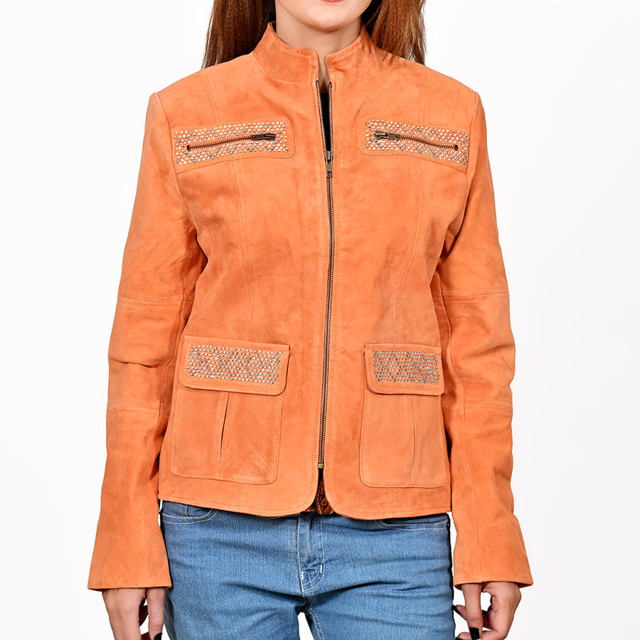 American Darling Women's Suede Jacket Blazer Zip Front Studded Embellished Western Style Casual Coat Orange - Uhorse