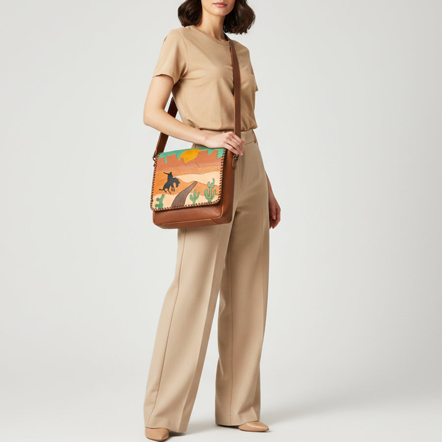 American Darling Western Messenger Bag Handcrafted Hand-Painted Desert Scene Genuine Full Grain Leather Shoulder Bag