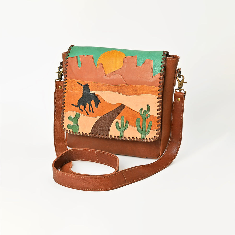 American Darling Western Leather Messenger Bag with Braided Edge and Hand-Painted Scene - Uhorse