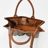 American Darling Western Leather Tote Bag Vintage Studded Fringe Satchel Handbag Crossbody Purse for Women Brown