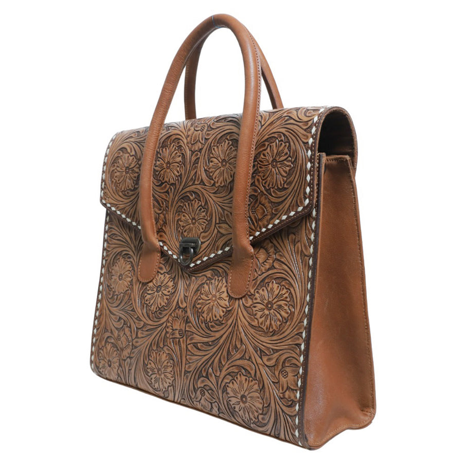 Brown leather tooled tote bag with studded trim - Uhorse