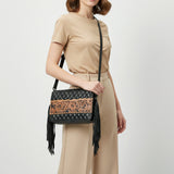 American Darling Black Leather Quilted Hand Tooled Fringe Crossbody Bag