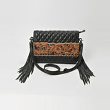 American Darling Black Leather Quilted Hand Tooled Fringe Crossbody Bag