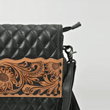 American Darling Black Leather Quilted Hand Tooled Fringe Crossbody Bag