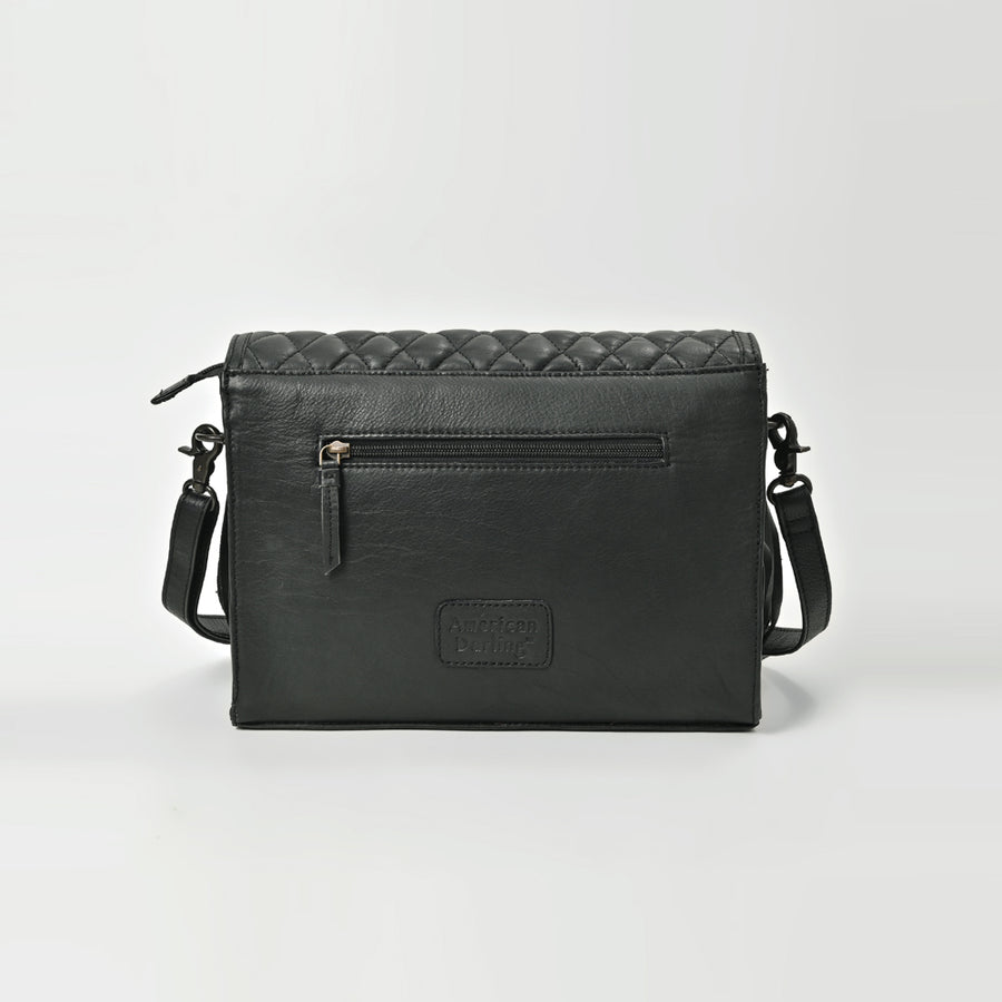 American Darling Black Leather Quilted Hand Tooled Fringe Crossbody Bag