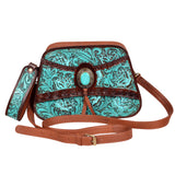 American Darling Western Turquoise Floral Tooled Leather Wristlet & Crossbody Bag with Concho