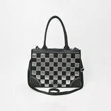 American Darling Black & Silver Checkered Leather Tote Bag with Studded Detail