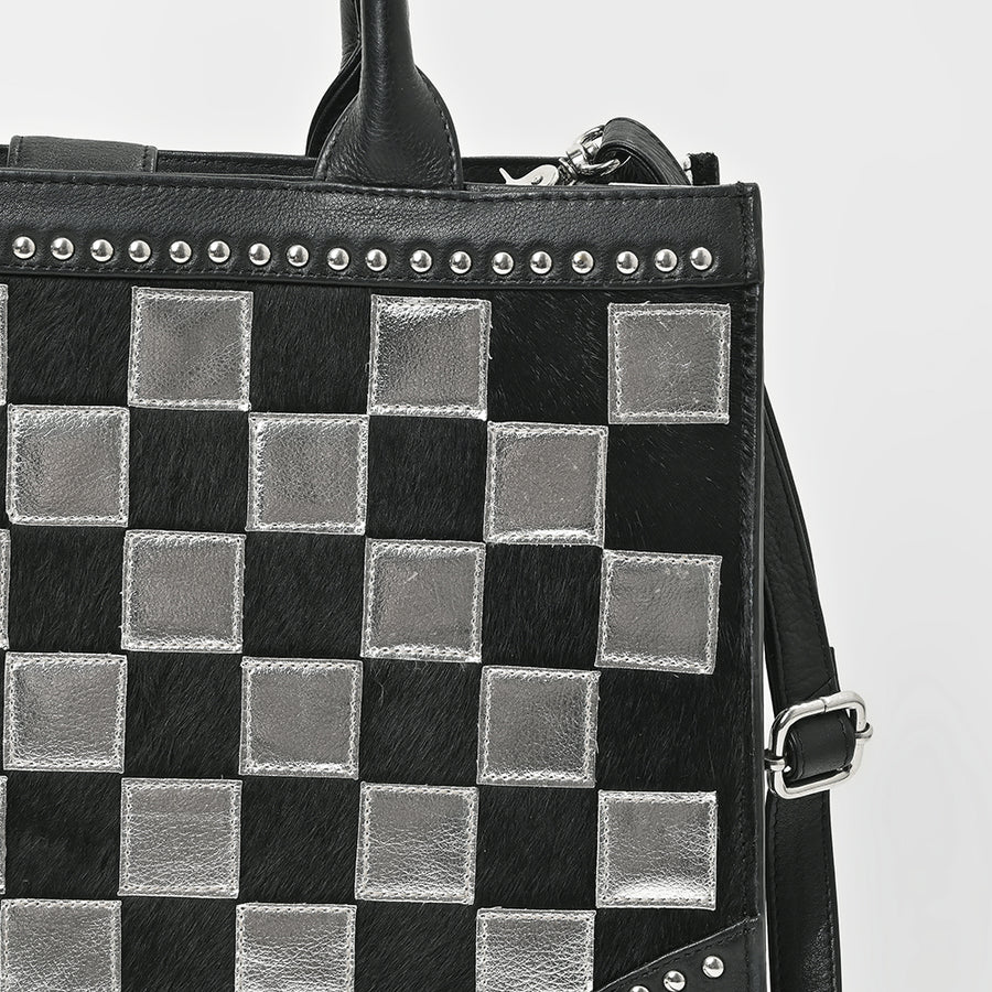 American Darling Black & Silver Checkered Leather Tote Bag with Studded Detail