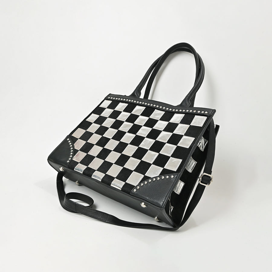 American Darling Black & Silver Checkered Leather Tote Bag with Studded Detail