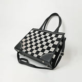 American Darling Black & Silver Checkered Leather Tote Bag with Studded Detail