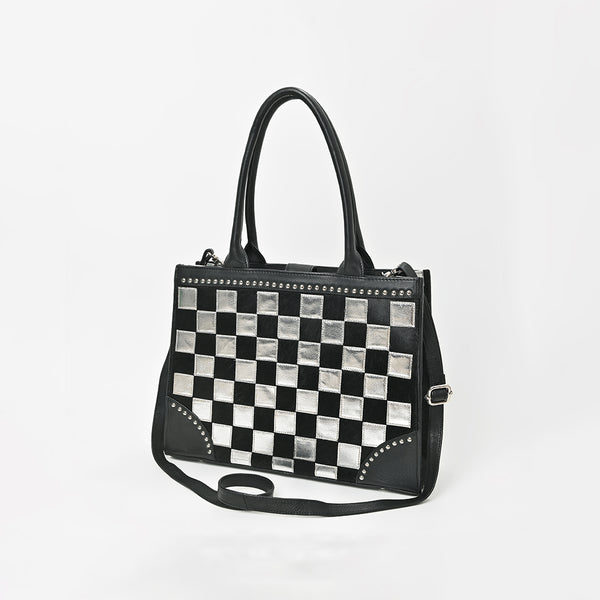 American Darling Black and Silver Checkered Leather Tote Bag with Studded Detail - Uhorse