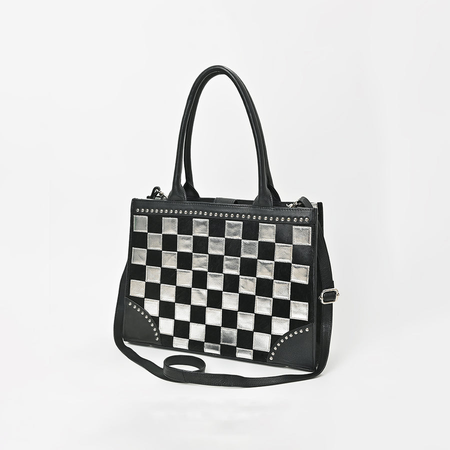 American Darling Black and Silver Checkered Leather Tote Bag with Studded Detail - Uhorse