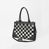American Darling Black & Silver Checkered Leather Tote Bag with Studded Detail