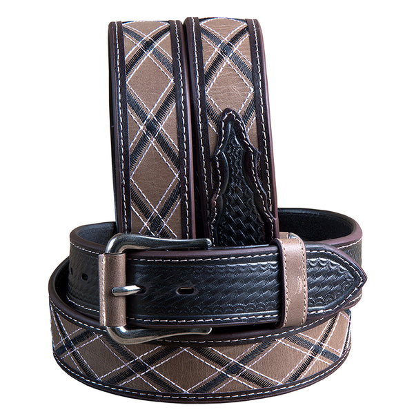 M&F Western Men's Black and Tan Argyle Pattern Belt Stitching and Silver Buckle - Uhorse
