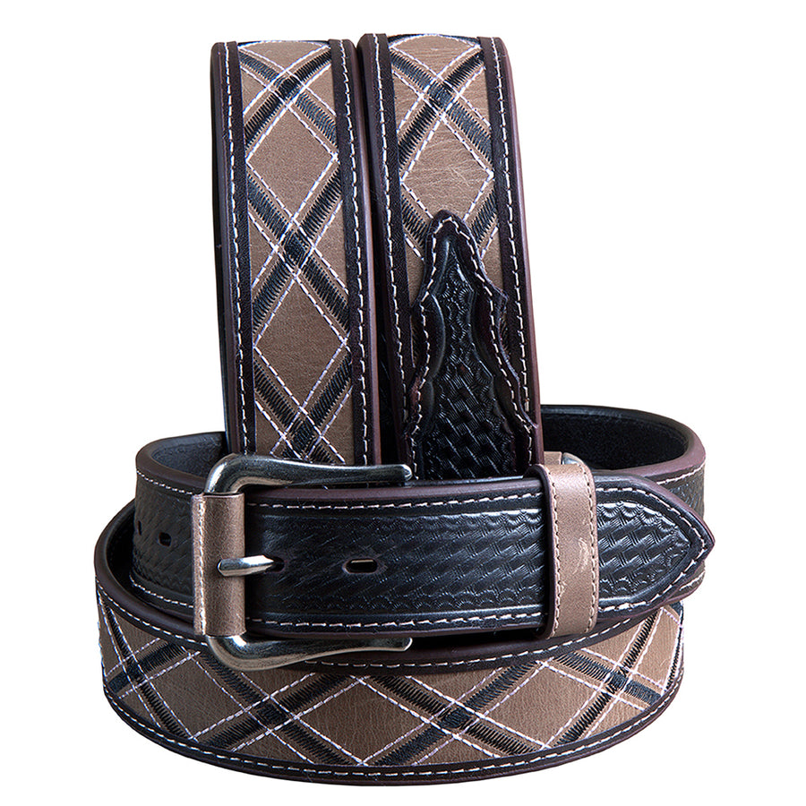 M&F Western Men's Black and Tan Argyle Pattern Belt Stitching and Silver Buckle - Uhorse