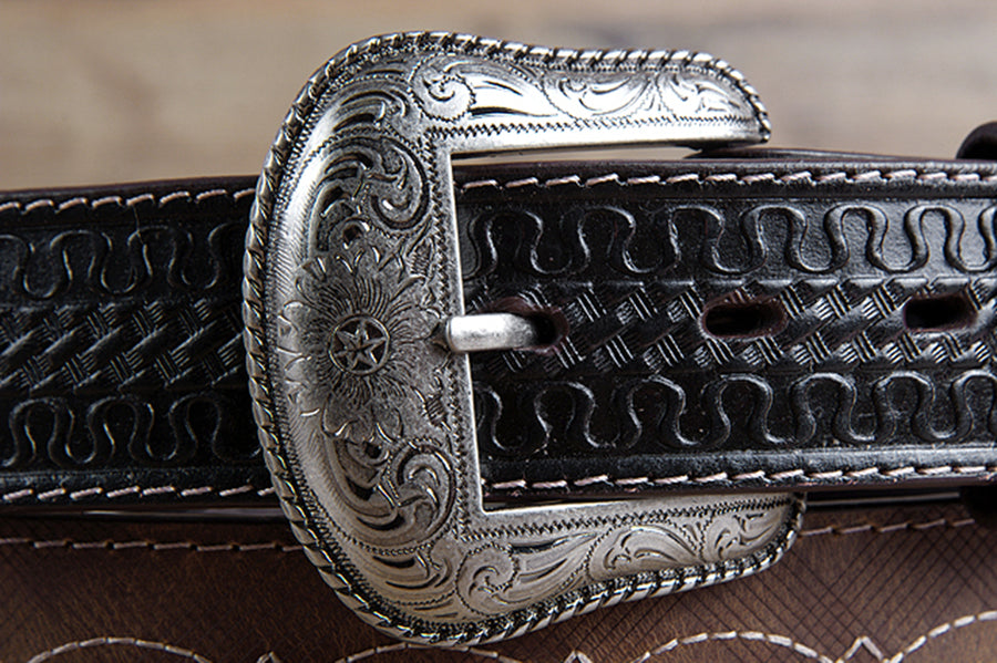 3D 38 Inch Brown Mens Leather Fashion Cowboy Belt W/Silver Buckle