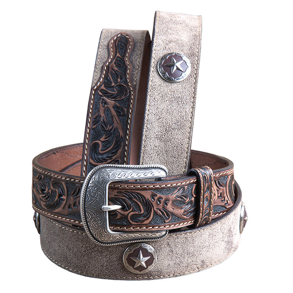 M&F Western Men's Tooled Brown Tan Suede Western Belt Star Conchos Silver Buckle - Uhorse