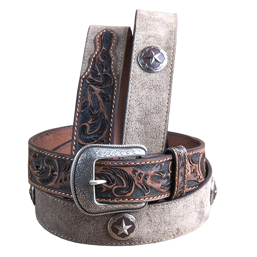 M&F Western Men's Tooled Brown Tan Suede Western Belt Star Conchos Silver Buckle - Uhorse