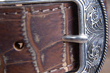Vintage Brown Croc Print Leather Belt Single Stitch Engraved Silver Buckle
