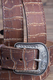 Vintage Brown Croc Print Leather Belt Single Stitch Engraved Silver Buckle