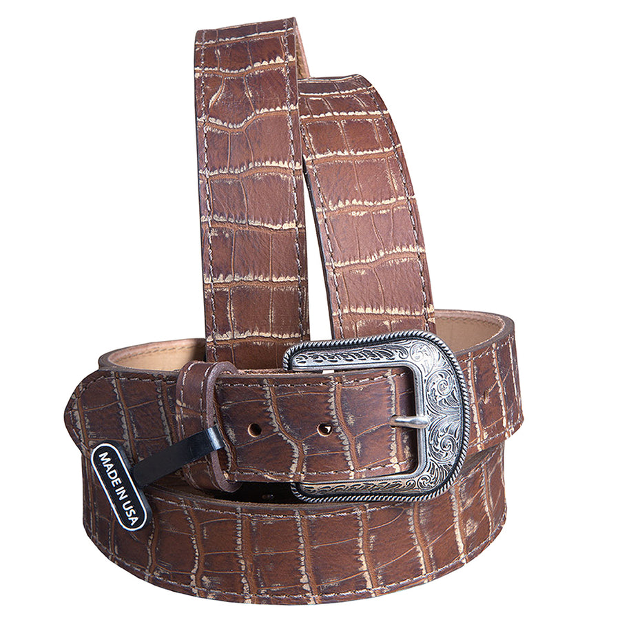 44 In Vintage Brown Croc Print Leather Belt Single Stitch Engraved Silver Buckle - Uhorse